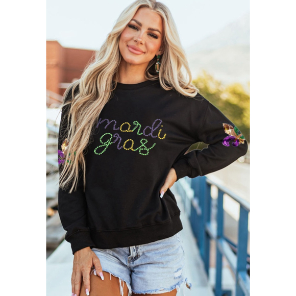 Beaded Mardi Gras Sweatshirt with Sequin Fleur-de-Lis Patch Sleeves - Picture 2 of 6